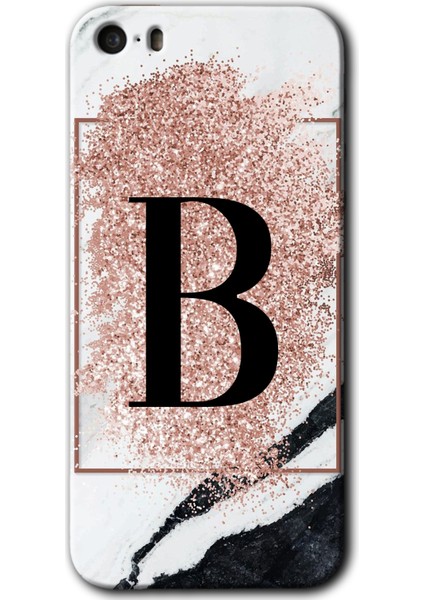 iPhone 5s Kılıf Hd Desen Baskılı Arka Kapak + Esnek Nano Cam - Pembe Mermer Desenli B Harfi