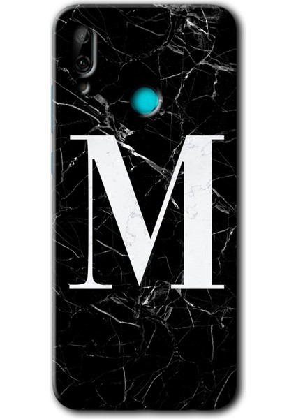 Huawei P Smart 2019 Kılıf Hd Desen Baskılı Arka Kapak - Siyah Mermer Desenli M Harfi