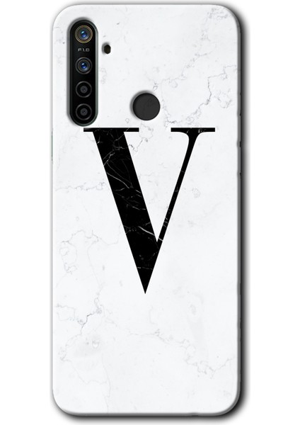 Realme 5i Kılıf Hd Desen Baskılı Arka Kapak - Beyaz Mermer Desenli V Harfi