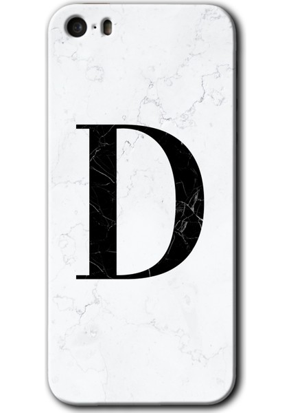 iPhone 5 Kılıf Hd Desen Baskılı Arka Kapak + Esnek Nano Cam - Beyaz Mermer Desenli D Harfi