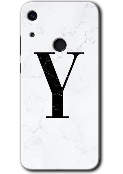 Huawei Y6S Kılıf Hd Desen Baskılı Arka Kapak + Kırılmaz Cam - Beyaz Mermer Desenli Y Harfi