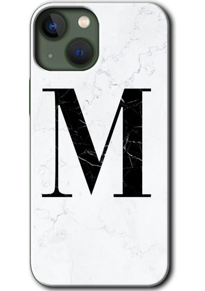iPhone 13 Mini Kılıf Hd Desen Baskılı Arka Kapak + Esnek Nano Cam - Beyaz Mermer Desenli M Harfi