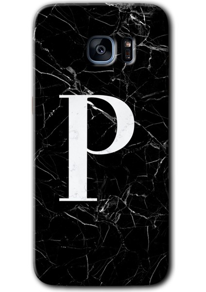 Galaxy S7 Edge Kılıf Hd Desen Baskılı Arka Kapak - Siyah Mermer Desenli P Harfi