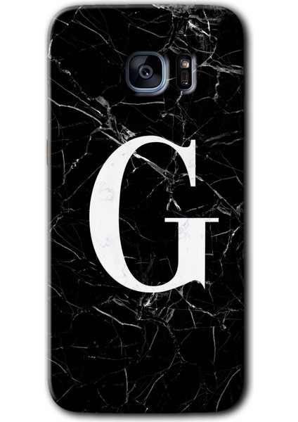 Galaxy S7 Edge Kılıf Hd Desen Baskılı Arka Kapak + Kırılmaz Cam - Siyah Mermer Desenli G Harfi