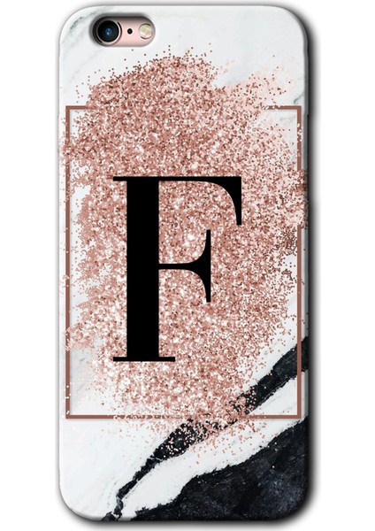 iPhone 6 Plus Kılıf Hd Desen Baskılı Arka Kapak + Esnek Nano Cam - Pembe Mermer Desenli F Harfi