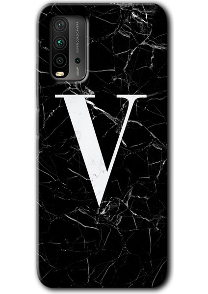Redmi 9t Kılıf Hd Desen Baskılı Arka Kapak - Siyah Mermer Desenli V Harfi