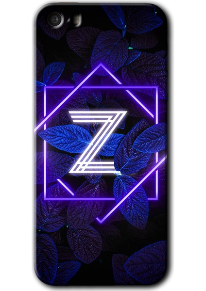 iPhone 5s Kılıf Hd Desen Baskılı Arka Kapak + Esnek Nano Cam - Dark Neon Yaprak Z Harfi