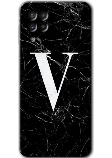 Galaxy M22 Kılıf Hd Desen Baskılı Arka Kapak + Esnek Nano Cam - Siyah Mermer Desenli V Harfi