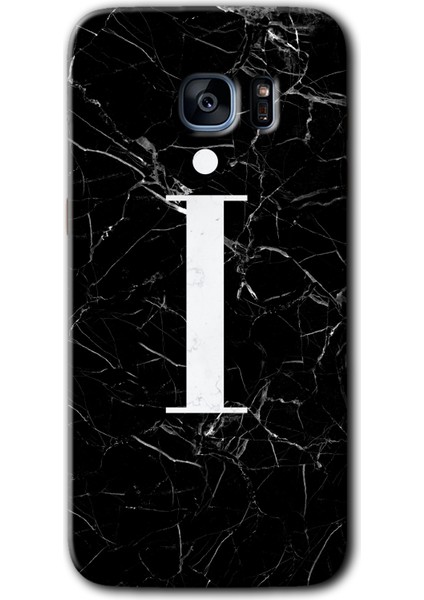 Galaxy S7 Edge Kılıf Hd Desen Baskılı Arka Kapak + Kırılmaz Cam - Siyah Mermer Desenli I Harfi