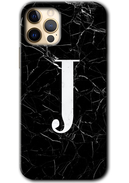 iPhone 12 Pro Kılıf Hd Desen Baskılı Arka Kapak - Siyah Mermer Desenli J Harfi