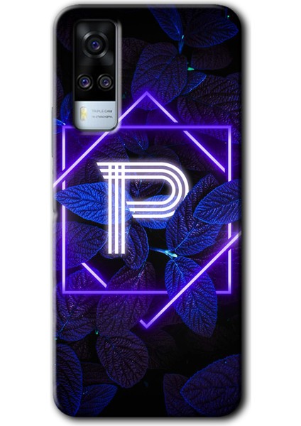 Vivo Y51 Kılıf Hd Desen Baskılı Arka Kapak + Kırılmaz Cam - Dark Neon Yaprak P Harfi