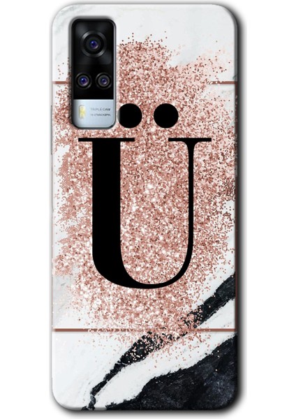 Vivo Y51 Kılıf Hd Desen Baskılı Arka Kapak - Pembe Mermer Desenli Ü Harfi