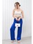 Kadın Beli Lastikli Palazzo Saten Pantolon Saks 3