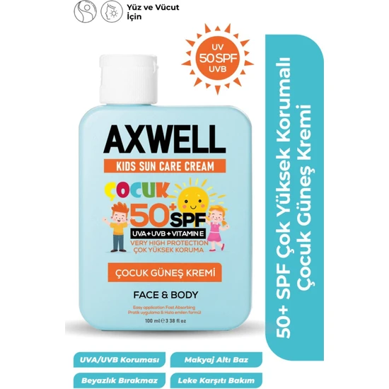 Axwell Kids Sun Cream Çocuk Güneş Kremi Çok Yüksek Koruma + Vitamin E SPF 50+ 100ml