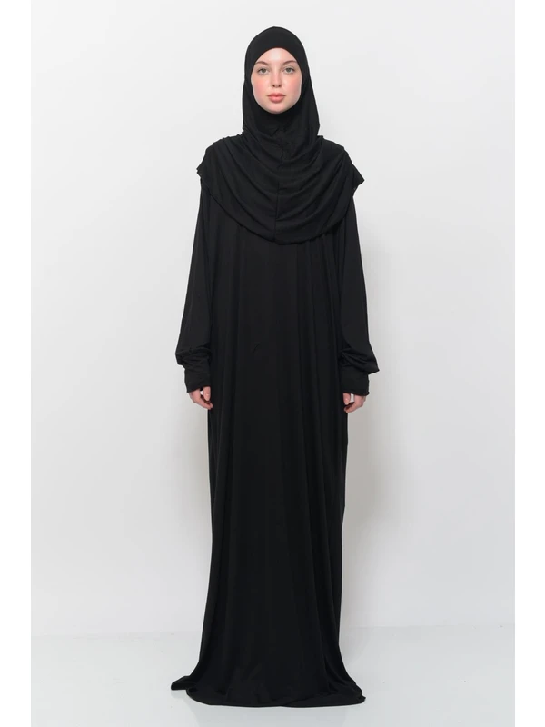 Al-Tobeh Pratik Tek Parça Pamuklu Yarasa Kollu Tak Çıkar Başörtülü Organik Tesettür Namaz Elbisesi-Siyah