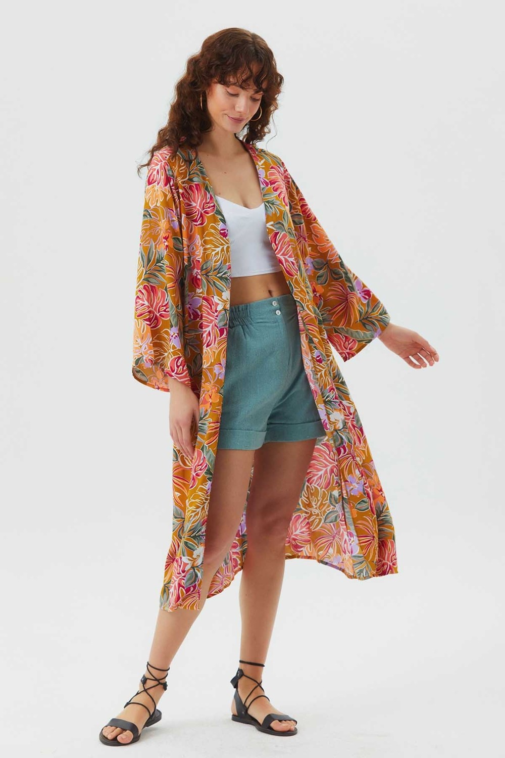Clandestino Uzun Kollu Desenli Bohem Kimono görsel 3