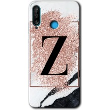 Gramaphone Huawei P30 Lite Kılıf Hd Desen Baskılı Arka Kapak + Esnek Nano Cam - Pembe Mermer Desenli Z Harfi