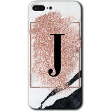 Gramaphone iPhone 7 Plus Kılıf Hd Desen Baskılı Arka Kapak + Kırılmaz Cam - Pembe Mermer Desenli J Harfi