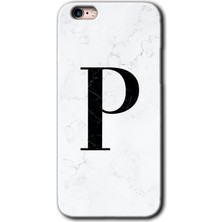 iPhone 6s Plus Kılıf Hd Desen Baskılı Arka Kapak + Kırılmaz Cam - Beyaz Mermer Desenli P Harfi