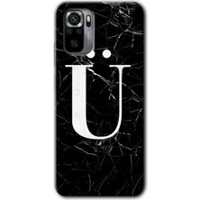 Gramaphone Redmi Note 10 Kılıf Hd Desen Baskılı Arka Kapak + Kırılmaz Cam - Siyah Mermer Desenli Ü Harfi