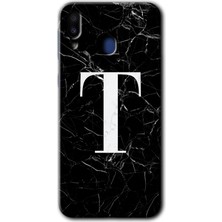 Gramaphone Galaxy M20 Kılıf Hd Desen Baskılı Arka Kapak + Kırılmaz Cam - Siyah Mermer Desenli T Harfi
