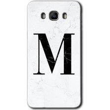 Gramaphone Galaxy J7 2016 Kılıf Hd Desen Baskılı Arka Kapak + Kırılmaz Cam - Beyaz Mermer Desenli M Harfi