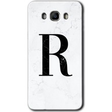 Gramaphone Galaxy J7 2016 Kılıf Hd Desen Baskılı Arka Kapak + Kırılmaz Cam - Beyaz Mermer Desenli R Harfi