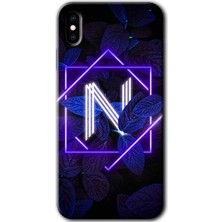 Gramaphone iPhone Xs Max Kılıf Hd Desen Baskılı Arka Kapak + Esnek Nano Cam - Dark Neon Yaprak N Harfi