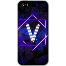Gramaphone iPhone 5s Kılıf Hd Desen Baskılı Arka Kapak + Esnek Nano Cam - Dark Neon Yaprak V Harfi