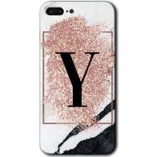 Gramaphone iPhone 7 Plus Kılıf Hd Desen Baskılı Arka Kapak + Kırılmaz Cam - Pembe Mermer Desenli Y Harfi