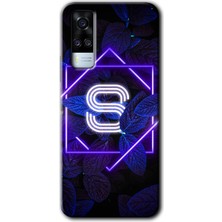 Gramaphone Vivo Y51 Kılıf Hd Desen Baskılı Arka Kapak + Esnek Nano Cam - Dark Neon Yaprak S Harfi