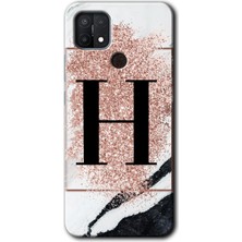 Gramaphone Oppo A15 Kılıf Hd Desen Baskılı Arka Kapak + Esnek Nano Cam - Pembe Mermer Desenli H Harfi