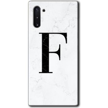 Gramaphone Galaxy Note 10 Kılıf Hd Desen Baskılı Arka Kapak + Kırılmaz Cam - Beyaz Mermer Desenli F Harfi