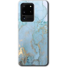 Gramaphone Galaxy S20 Ultra Kılıf Hd Desen Baskılı Arka Kapak + Esnek Nano Cam - Mavi Gold Mermer