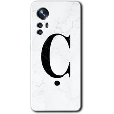 Gramaphone Xiaomi Mi 12 Pro Kılıf Hd Desen Baskılı Arka Kapak + Kırılmaz Cam - Beyaz Mermer Desenli Ç Harfi