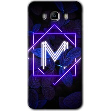 Gramaphone Galaxy J7 2016 Kılıf Hd Desen Baskılı Arka Kapak + Kırılmaz Cam - Dark Neon Yaprak M Harfi