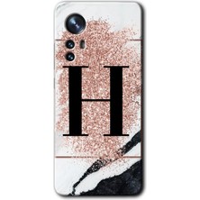 Gramaphone Xiaomi Mi 12 Kılıf Hd Desen Baskılı Arka Kapak + Esnek Nano Cam - Pembe Mermer Desenli H Harfi
