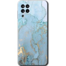 Galaxy M22 Kılıf Hd Desen Baskılı Arka Kapak + Kırılmaz Cam - Mavi Gold Mermer