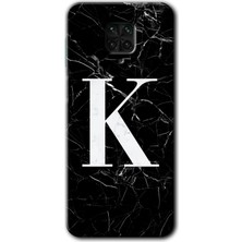 Redmi Note 9 Pro Kılıf Hd Desen Baskılı Arka Kapak + Esnek Nano Cam - Siyah Mermer Desenli K Harfi