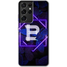 Galaxy S21 Ultra Kılıf Hd Desen Baskılı Arka Kapak + Kırılmaz Cam - Dark Neon Yaprak B Harfi