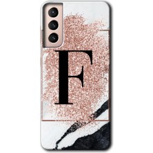 Galaxy S21 Kılıf Hd Desen Baskılı Arka Kapak + Kırılmaz Cam - Pembe Mermer Desenli F Harfi