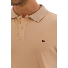 WAPP Erkek Bej Pamuklu Likralı Kısa Kollu Ön Düğmeli Nakışlı Polo Yaka T-Shirt