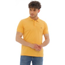 WAPP Erkek Hardal Pamuklu Likralı Kısa Kollu Ön Düğmeli Nakışlı Polo Yaka T-Shirt