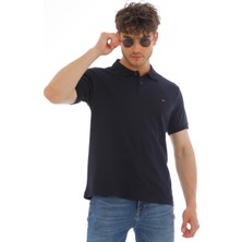 WAPP Erkek Lacivert Pamuklu Likralı Kısa Kollu Ön Düğmeli Nakışlı Polo Yaka T-Shirt