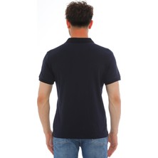 WAPP Erkek Lacivert Pamuklu Likralı Kısa Kollu Ön Düğmeli Nakışlı Polo Yaka T-Shirt