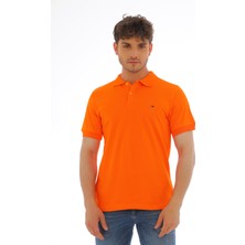 WAPP Erkek Oranj Pamuklu Likralı Kısa Kollu Ön Düğmeli Nakışlı Polo Yaka T-Shirt