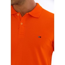 WAPP Erkek Oranj Pamuklu Likralı Kısa Kollu Ön Düğmeli Nakışlı Polo Yaka T-Shirt