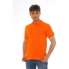 WAPP Erkek Oranj Pamuklu Likralı Kısa Kollu Ön Düğmeli Nakışlı Polo Yaka T-Shirt