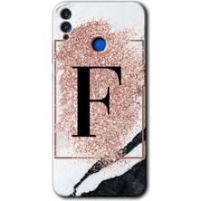 Gramaphone Honor 8x Kılıf Hd Desen Baskılı Arka Kapak + Esnek Nano Cam - Pembe Mermer Desenli F Harfi