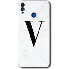 Gramaphone Honor 8x Kılıf Hd Desen Baskılı Arka Kapak + Esnek Nano Cam - Beyaz Mermer Desenli V Harfi